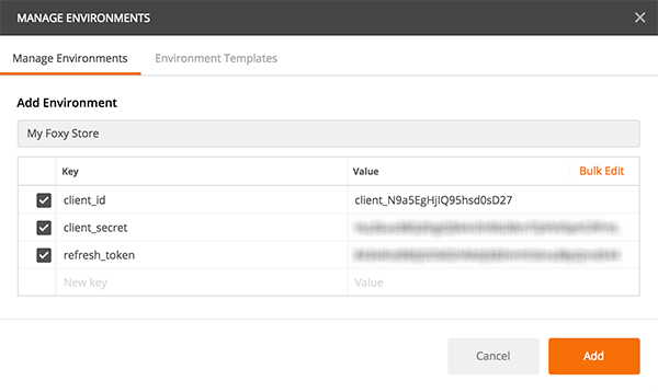 Screenshot of Postman's environment variables panel with the OAuth credentials filled in